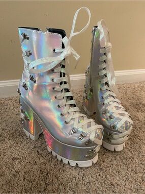 Holographic White Lace-Up Platform Boots for Women